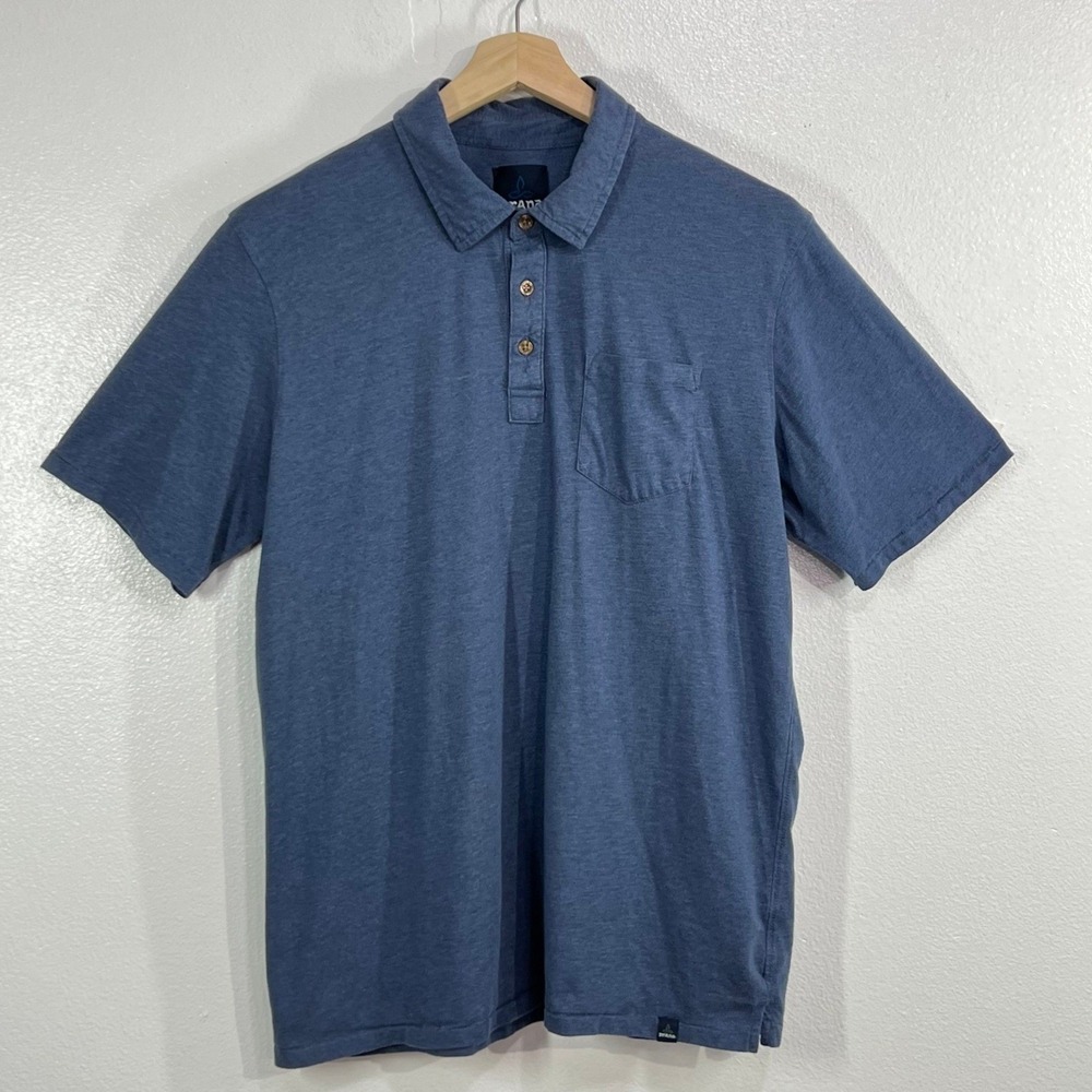 prAna Men Large Heather Blue Short Sleeve Polo Shirt Cotton Blend Chest Pocket